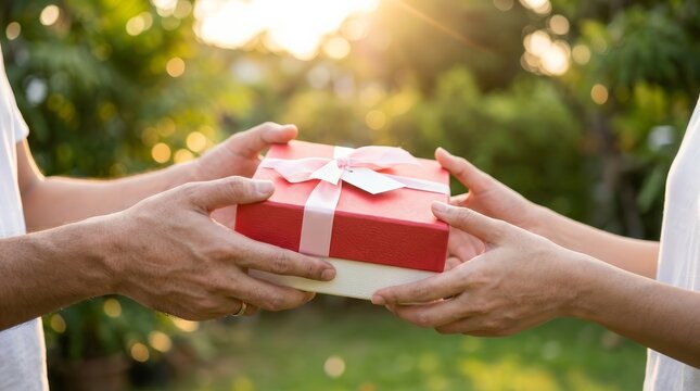 A closeup of a man giving a red gift box to a woman.