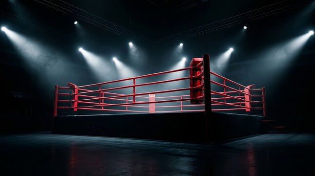 An empty boxing ring with red ropes illuminated by bright spotlights in a dark arena.