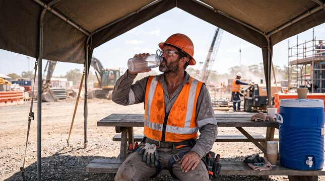A construction worker takes a hydration break at a site.