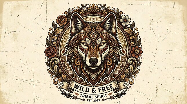 Vintage Tribal Wolf Illustration with Wild and Free Text