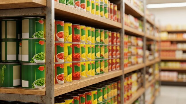 Rows of neatly stacked shelves holding various canned food in a grocery store.