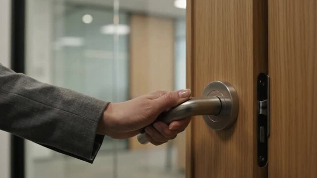 A professional in a suit opening a modern wooden office door with a silver metal handle to enter a workplace or meeting room