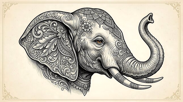 Ornate Elephant Head Illustration with Intricate Mandala Patterns
