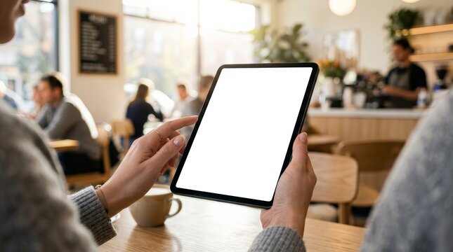 Woman holding a black tablet with a white blank screen mockup.