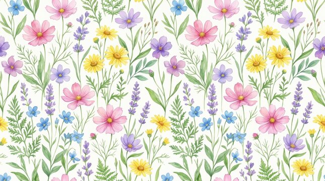 Colorful watercolor wildflowers and leaves in a seamless floral pattern.