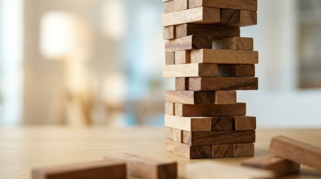 Closeup of a wooden block tower game in a state of instability.