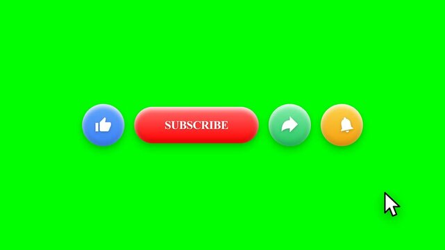 Four clay buttons like subscribe share and bell notification on green screen background with mouse click animation