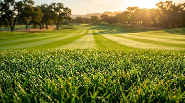 Manicured turf on a green golf course in the soft morning light.
