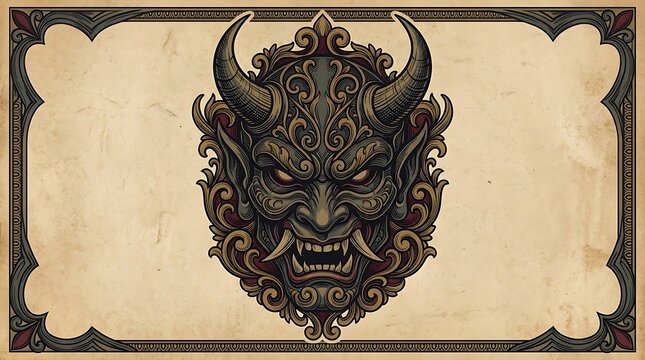 Ornate Japanese Oni Demon Mask Illustration on Parchment Background