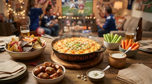 Buffalo dip served in a cast iron skillet acts as a centerpiece for a game day gathering where friends enjoy chips, celery, carrots, and beer while watching a sports match on the television.
