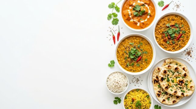 Top view of various Indian dishes including spicy chicken, vegetable curries, and lentil dhal in white plates.