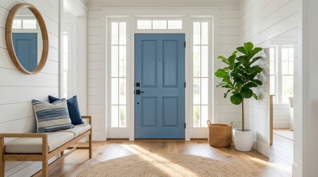 Bright home entryway featuring a striking blue front door with side windows.