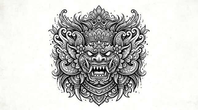 Intricate Balinese Barong Mask Illustration in Black and White