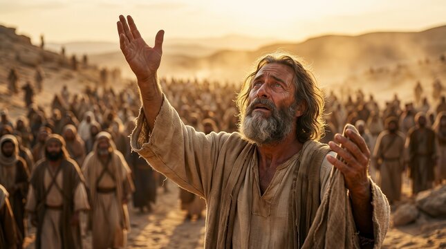 A bearded man raises his arms toward the sky in prayer during an ancient biblical scene in the desert.