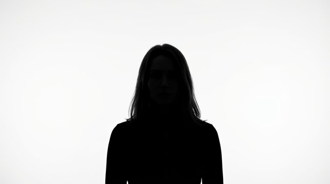Mysterious silhouette of a woman with dark hair against a white backdrop.