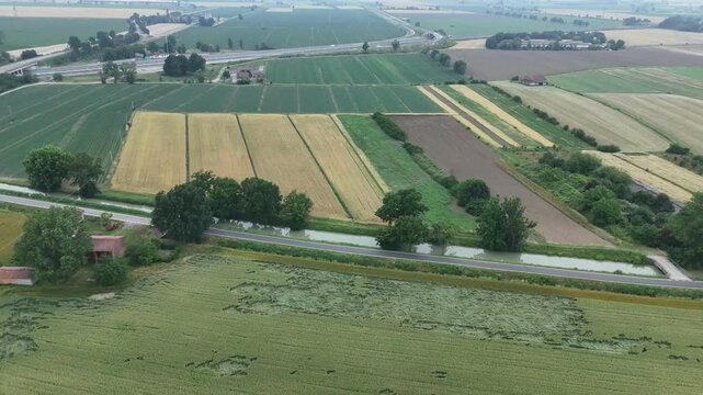 Irrigated fields form a patchwork of crops beside a canal network near Monticelli d'Ongina, Piacenza, with tree-lined waterways and rural roads across the Po Valley, aerial.