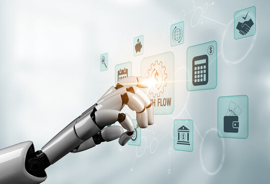 Futuristic Robot Hand Interacting with Digital Icons Representing Financial Concepts and Business Management in a Modern Technology Environment. Glyphic.