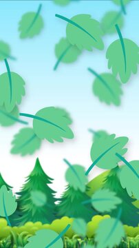 Vertical Animation of Playful Green Leaves Falling Over Forest Background