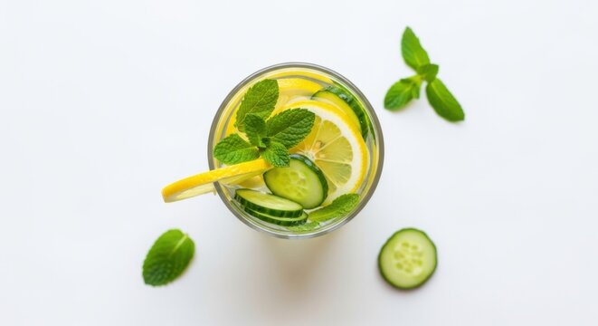 Refreshing Detox Water with Cucumber, Lemon, and Mint on White Background.