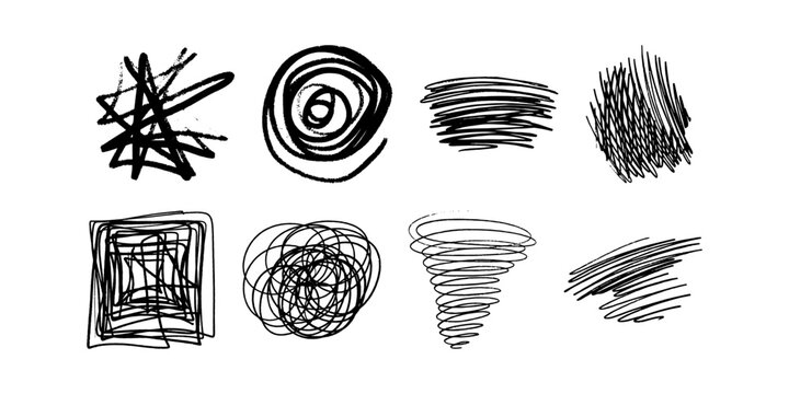 Crayon scribble texture with black doodle strokes and hand drawn lines. Abstract elements with pencil scratches, ink swooshes and chalk swirls. Grunge pattern with zigzag accents for overlay design.