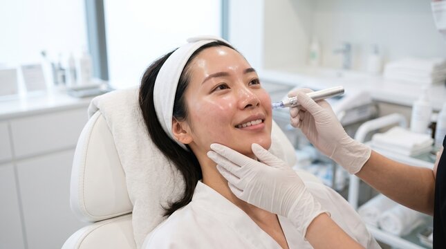 An Asian woman receives a microneedling treatment from a gloved specialist, a skin rejuvenation and anti aging skincare concept.
