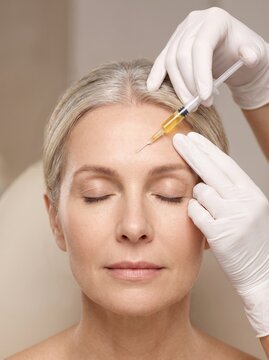A mature woman receives a dermal filler or botox injection into her forehead from a gloved specialist, an anti aging skincare concept.