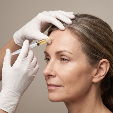 A mature woman receives a dermal filler or botox injection into her forehead from a gloved specialist, an anti aging skincare concept.