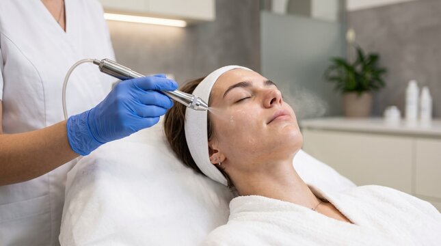 A young person relaxes as a gloved specialist applies an oxygen spray facial treatment, a men's skincare and beauty clinic concept.