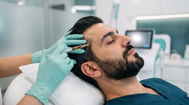 A bearded man receives a PRP injection into his scalp hairline from a gloved specialist, a hair restoration and hair growth treatment concept.