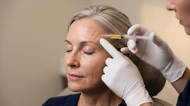 A mature woman receives a dermal filler or botox injection into her forehead from a gloved specialist, an anti aging skincare concept.