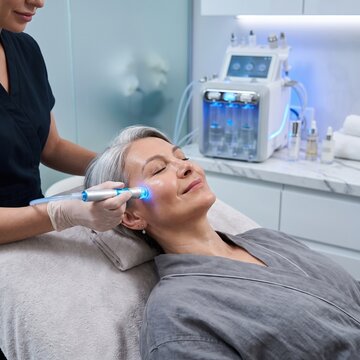 A smiling senior woman with gray hair receives a blue LED light facial treatment from a gloved specialist, an anti aging skincare concept.