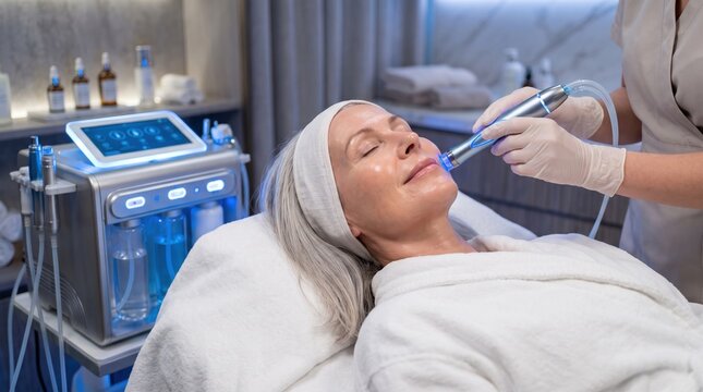 A smiling senior woman with gray hair receives a blue LED light facial treatment from a gloved specialist, an anti aging skincare concept.