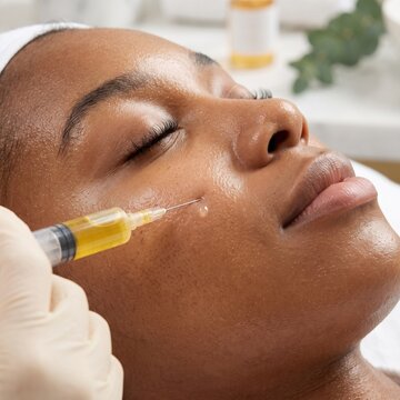 A Black woman receives a PRP injection into her cheek from a gloved specialist, a skin rejuvenation and cosmetic treatment concept.
