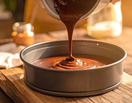 Rich chocolate cake batter being poured into a round baking pan for homemade delicious dessert preparation