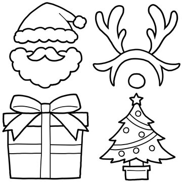 クリスマスの手描きイラストセット　サンタ帽子・トナカイのカチューシャ・プレゼント・クリスマスツリー(線画)