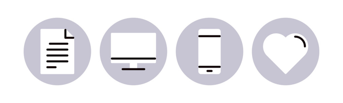 Digital device and technology icon set featuring document file, desktop computer monitor, mobile smartphone and heart favorite symbol, multi platform connectivity flat illustration.
