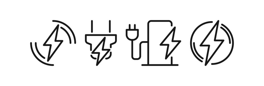 Wireless charging icon set, signal wave with lightning bolt, plug with bolt, EV charging station and power circle for electric energy infrastructure flat illustration.
