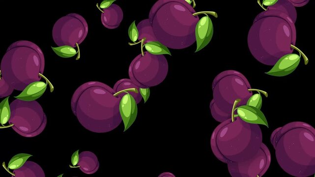 Falling Purple Plums Animation with Green Leaves on Black Background