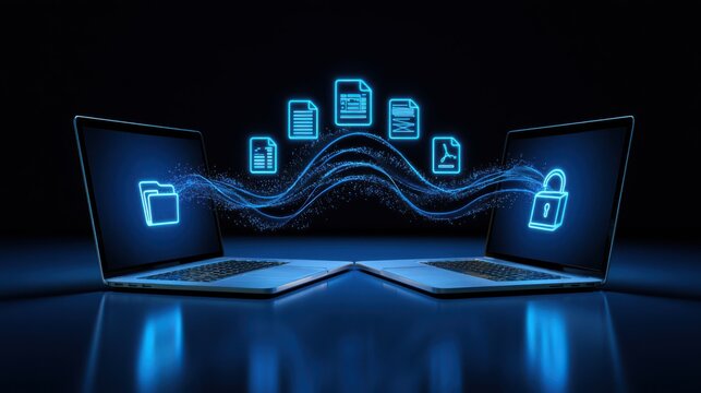 Two laptops connected digitally, sharing files securely with icons representing folders, documents, and encryption between them on a dark background.