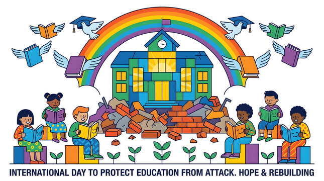 Colorful illustration of children celebrating International Day to Protect Education from Attack.