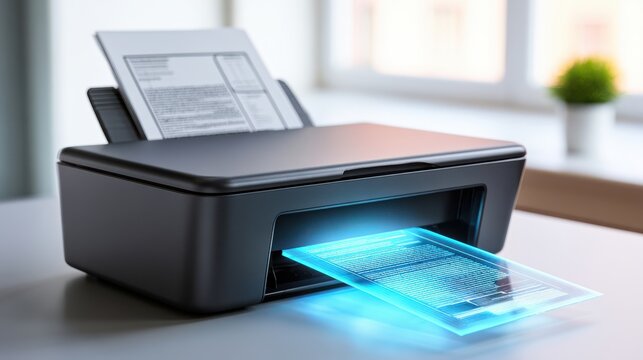 A modern black printer scanning or printing a digital holographic document on a bright, blurred office background.