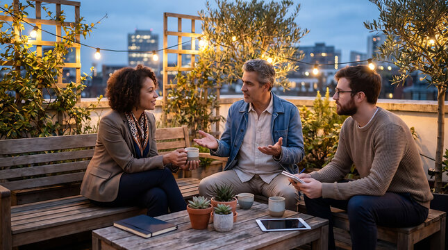 Connectioneering among three friends sharing conversation and coffee together on a rooftop terrace at a lively urban evening