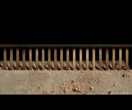 Brass fret bars with a warm golden glow and pale grey ash, featuring a precise repeating pattern for architectural backgrounds and surface design