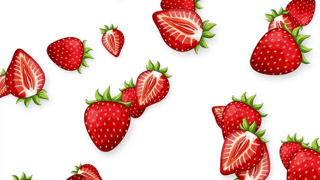 Falling Whole and Sliced Strawberries Animation on White Background