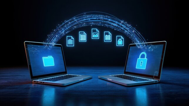 Two laptops exchanging encrypted files with secure data transfer represented by glowing icons and a digital lock symbol.