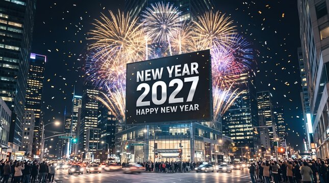 Spectacular City Nightscape Featuring a Festive New Year 2027 Celebration Billboard Display