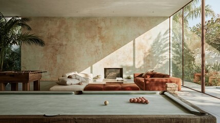 Naklejka premium Pool table in a modern recreation room with soft daylight, featuring a cozy lounge and garden views for residential interior design