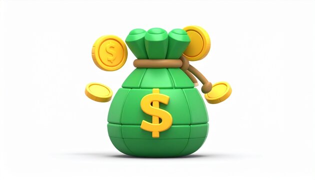 3D Green Cash Bag with Gold Dollar Symbol for Banking and Finance
