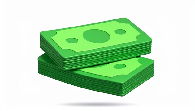 3D Stack of Green Money Bundled with Paper Band Isolated on White Background