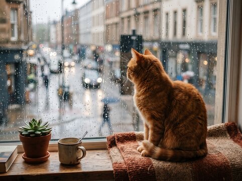 Orange Cat Looking Out Window at Rainy City Street